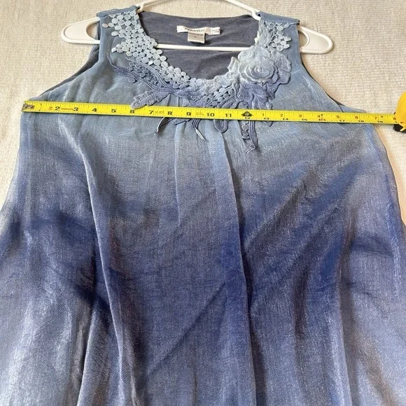 Blue Fairy Sheer Sleeveless Blouse Sz S Asymmetrical Hem Overlay Embroidered - Picture 11 of 12
